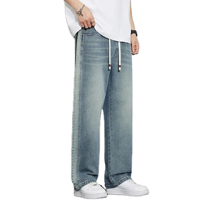 Men's Vintage Loose Fit Baggy Straight Denim Pants Summer Thin Soft Wide Leg <b>Jeans</b> <b>Elastic</b> Drawstring <b>Waist</b> Streetwear Winter - Product Image 3