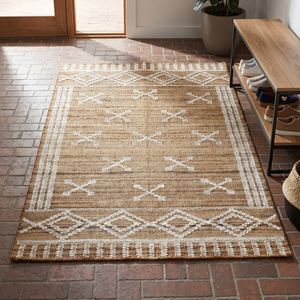 Tapis moderne en jute tissé à la main, marron naturel, crème, motif géométrique losanges, texturé, antidérapant, épais, pour salon et chambre - Product Image 4