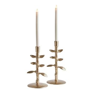 Gold Tree Branch Taper Candlestick Holders Set of 2 Cast Metal Leaf Stem <b>Candle</b> Stand Flat Base Dining Table Centerpiece - Product Image 3