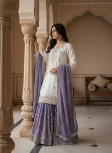 Ensemble Sharara en soie Chinon de créateur avec dupatta richement brodée – Collection pour occasions spéciales - Product Image 2