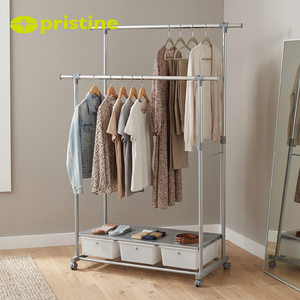Modern Metal <b>Double</b> Rod Clothing Rack With Storage <b>Bins</b> And Wheels For Bedroom Use - Product Image 5