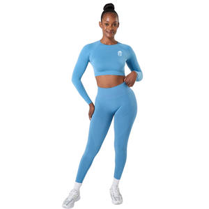 เสื้อครอปแขนยาวไร้ตะเข็บสำหรับผู้หญิง สีฟ้าโคสตัล ทรงเข้ารูป สำหรับออกกำลังกาย โยคะ ชุดกีฬา และชุดลำลอง - Product Image 4