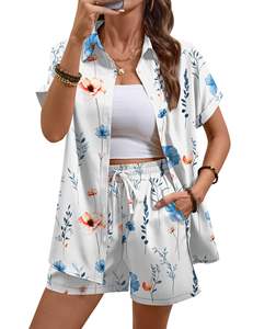 Conjunto de verano para mujer con cintura elástica, dos piezas, pantalones cortos de ciclista de algodón y poliéster, conjuntos para mujer - Product Image 1