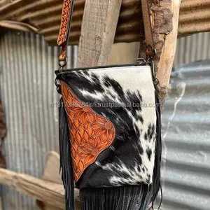 Hot selling tooled fur leather purse carved leather women vintage Western style leather purses and handbags