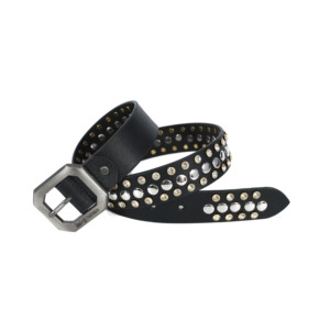 Ceinture en cuir de vache noir avec clous en strass, boucle en alliage de style boîte, style décontracté, ceinture en cuir véritable durable en une seule pièce. - Product Image 1