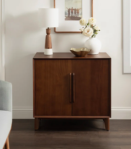 Mid-Century Modern Walnut Accent <b>Cabinet</b> with 2 Doors, Solid <b>Wood</b> Handle Storage Sideboard Credenza <b>for</b> <b>Living</b> <b>Room</b> and Entryway - Product Image 1