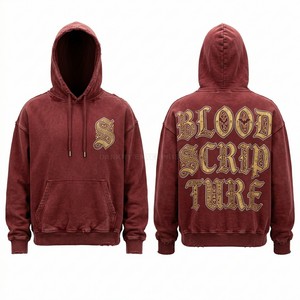 Sweat à capuche rouge bordeaux personnalisé, streetwear de luxe, imprimé doré délavé à l'acide, pull molletonné épais pour homme, vente en gros fabricant - Product Image 1