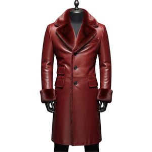 Manteau long en cuir véritable pour homme, col en fourrure, coupe-vent, épais, pour l'hiver, vêtements d'extérieur décontractés - Product Image 1