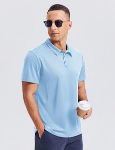 Polo à manches courtes pour homme bleu clair, couleur unie, séchage rapide, tricoté, décontracté, avec poche - Product Image 4