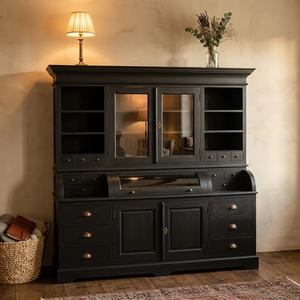 <span class=keywords><strong>Venero</strong></span> - Mueble de Almacenamiento de Madera con Acabado Negro Desgastado Natural, Vitrina de Vidrio y Organizador de Cajones para un Interior de Hogar Elegante - Product Image 4