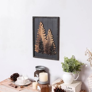 Rustic Wooden Pine <b>Tree</b> Wall Art Dark Brown Frame Handmade Forest Landscape Home Decor - Product Image 1
