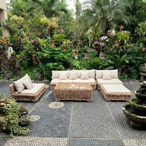 Outdoor Rattan Woven Sectional Sofa Set Mahogany Wood Frame Wicker Furniture Glass Table Lounge Chair Ottoman Setup Art - Product Image 3