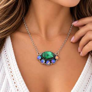 Collier en argent fait main avec turquoise verte, opale de feu et pierres précieuses turquoise, style occidental, bijou statement, cadeau - Product Image 4