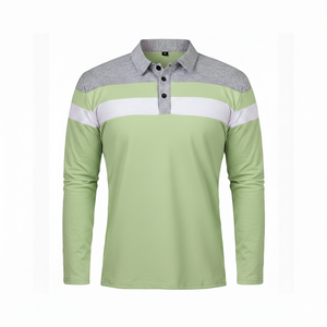 Polo à manches longues pour homme, à blocs de couleur, rayé, tricoté, décontracté, vert, blanc, gris - Product Image 2