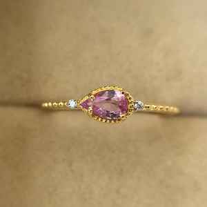 Anillo Sofisticado de Zafiro Rosa, Plata de Ley 925, Chapado en Oro de 14K, Zafiro Tallado en Forma de Pera, Anillo de Compromiso Vintage, Regalo - Product Image 1