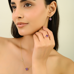 Collar con Colgante de Cadena Minimalista con Forma de Trébol y Diamantes Redondos de Amatista, Oro Amarillo Sólido de 14K, Joyería para Uso Diario, OEM ODM - Product Image 4