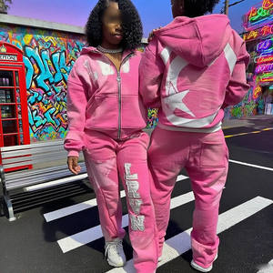 Custom Men's 100% Cotton Distressed Hoodie and Stacked Flared Sweatpants <b>Set</b> Applique Patch Streetwear Tracksuit - Product Image 6