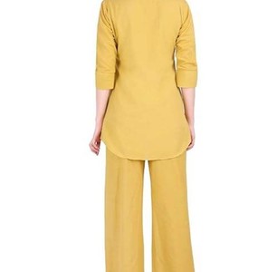 Women's 2 Piece Cotton Crepe <b>Set</b> Mandarin Collar Top With Palazzo Trousers Solid Color Loose Fit Casual Spring Summer Wear - Product Image 1
