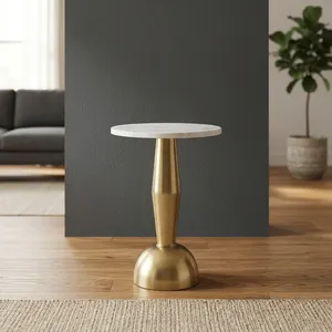 Modern Round White Marble Top <b>Side</b> <b>Table</b> with Brushed <b>Gold</b> Metal Pedestal Base Luxury Accent Furniture for Elegant Living Spaces - Product Image 4