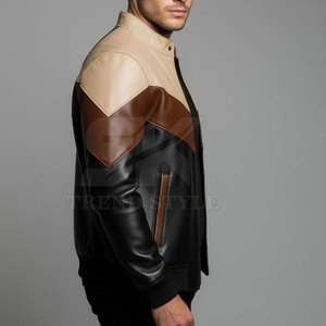 Blouson Bomber en Cuir Véritable pour Homme, Style Moto Biker, Col Montant, Fermeture Éclair, Blocs de Couleurs, Idéal pour l'Automne - Product Image 6