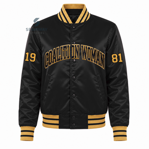 Veste universitaire noire en satin pour femme NCBW avec boutons-pression, lettres grecques brodées, col et poignets en tricot rayé, style universitaire - Product Image 1