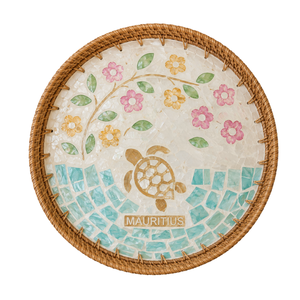Luxury Round Rattan Mother of Pearl Mosaic Tray <b>Turtle</b> & Flower for Tabletop Decor Cafe Cake Chocolate Serving Wholesale - Product Image 1