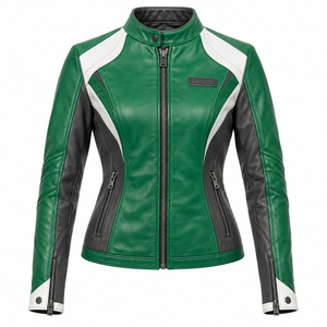 <b>Green</b> Womens Leather Jacket Genuine Cowhide <b>Motorbike</b> Racing Outerwear Slim Fit Sport Biker Riding Coat Snap Collar Cuffs - Product Image 1