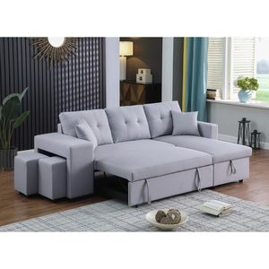 Dennis 93 tessuto di lino reversibile con cuccetta sezionale grigio chiaro con Chaise portaoggetti e 2 sgabelli per divani soggiorno - Product Image 4