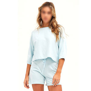Ensemble deux pièces décontracté d'été pour femme, T-shirt oversize bleu uni confortable, service OEM ODM, prix de gros - Product Image 1