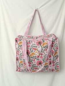 Cotton Fabric Shoulder Bag Bohemian Style Solid Color Zipper Closure Block Printed Shopping <b>Handbag</b> <b>Summer</b> Spring Use - Product Image 3
