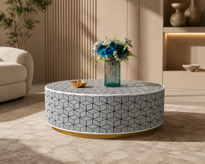 Mesa de Centro Redonda con Patrón Geométrico, Mesa de Té Moderna para Sala de Estar - Product Image 1