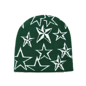 Gorro de Punto con Patrón de Estrellas Negras, Unisex, Gorro de Invierno Informal con Estampado Geométrico, Gorro de Esquí Ajustado, 100% Acrílico, Material Jersey - Product Image 2