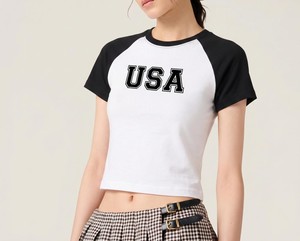 Camiseta Corta de Manga Raglán con Estampado Americano para Mujer, Cuello Redondo, Manga Corta, Blanca y Negra, Ajustada, de Algodón, para Primavera/Verano - Product Image 1