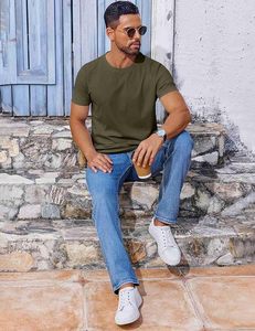 Men's <b>Olive</b> <b>Green</b> Long Sleeve 100% Cotton <b>T</b>-<b>Shirt</b> Loose Fit O-Neck Casual Breathable Knitted with Pattern Quick Dry - Product Image 3