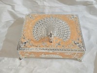 Boîte à bijoux rectangulaire de luxe en argent plaqué, motif paon, émail, doublure en velours, compartimentée, multi-usage, conteneur cadeau