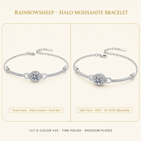 Bracelet Moissanite D Color VVS 3EX Taille Brillant Sertissage Quatre Griffes Halo S925 Plaqué Rhodium Réglable 15+3cm GRA