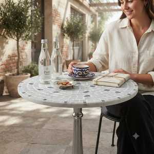 Table de jardin classique en mosaïque avec base en aluminium noir, style méditerranéen, décoration de meubles d'extérieur, plateau durable toutes saisons - Product Image 6