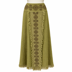 Falda Maxi Verde Oliva Artesanal con Detalles Étnicos Geométricos y Flecos |   Ropa de Algodón Natural para Mujer, Estilo Boho, para Festivales y Playa - Product Image 1