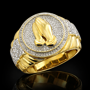 Mens Hip Hop Praying Hands <b>Ring</b> 925 Sterling <b>Silver</b> 10K 14K Gold Iced Out Diamond <b>Statement</b> Band Luxury Rapper Jewelry Gift - Product Image 1