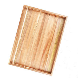 Plateau de service en bois d'acacia écologique Lot de 2 modèles rectangulaires avec poignées découpées pour le petit déjeuner, le thé, le café ou la table à manger - Product Image 2