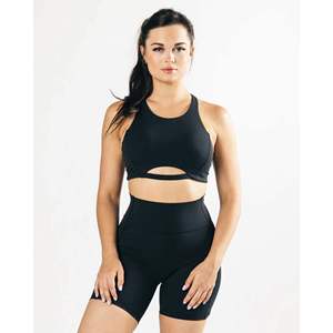 Sujetador deportivo negro de una pieza para mujer, 78% nailon 22% elastano, estilo cuello alto, espalda cruzada, sin ribetes, soporte medio - Product Image 1