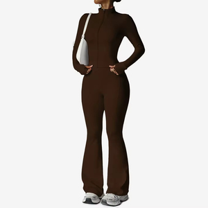 Pink Cowl Neck Full Length Yoga <b>Jumpsuit</b> High Waist Flared Leg Seamless Four Way Stretch Elastic Waist Long Sleeve <b>Leopard</b> Front - Product Image 5