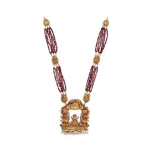 ชุดสร้อยคอยาวแบบโบราณของอินเดีย ทำจากทอง 22K ประดับด้วยไข่มุกและลูกปัดสีเขียว |   ชุดเจ้าสาวลายพิมพ์นกยูง - Product Image 3