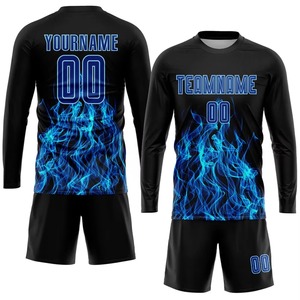 Custom Heat-Transfer Printed 100% Polyester Long Sleeve <b>Soccer</b> Jersey Black Blue Flame Design Breathable Moisture Wicking - Product Image 3