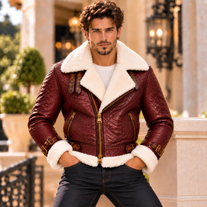 <b>Men's</b> Gray Snake Embossed <b>Shearling</b> Leather <b>Jacket</b> Herr Skinnjacka Fårskinnsjacka Motorcykeljacka Custom OEM Grossist Fabrik - Product Image 2