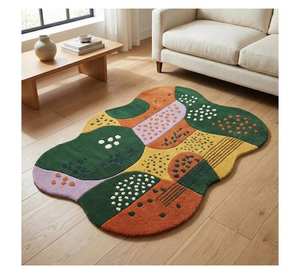 Tapis d'intérieur en laine tufté à la main, forme irrégulière organique abstraite multicolore, pour salon, motif éclaboussures abstrait multicolore - Product Image 2