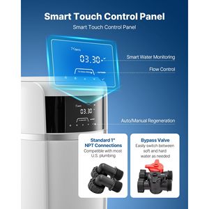 Sistema Addolcitore d'Acqua per Tutta la Casa da 40.000 Grani con Pannello di Controllo Touch Automatico e Valvola di Bypass per la Riduzione dell'Acqua Dura - Product Image 4