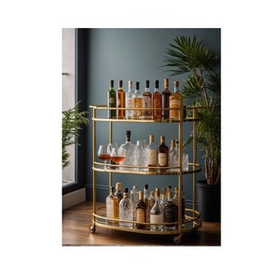 3-Tier Oval Gold Bar Cart <b>with</b> <b>Mirror</b> Shelves Large Glass Drink Trolley <b>with</b> Guard Rails And Smooth Rolling Wheels - Product Image 2
