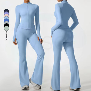 Ensemble de yoga lavande : Leggings évasés taille haute et veste longue zippée en Spandex/Nylon, extensible dans les quatre sens, respirant, sans coutures, couleur unie - Product Image 5