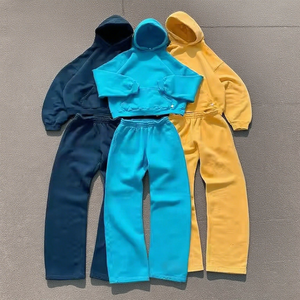 Ensemble de survêtement vintage unisexe décontracté 2 en 1, pantalon de survêtement à manches longues avec capuche, couleur unie, fermeture à cordon, coupe ample, vêtements d'hiver - Product Image 2